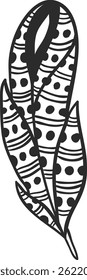Stylized feather boasting intricate black and white patterns, blending stripes and dots for a visually captivating design, perfect for bohemian, nature inspired, or decorative projects