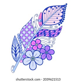 Pluma estilizada con un patrón de doodle sobre un fondo blanco. Un elemento decorativo para el diseño. 