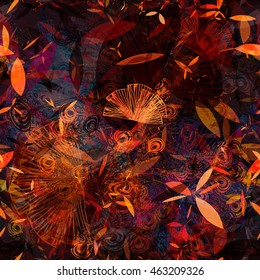 Stylized feathers and leaves. Overlap, transparency, overlay, randomly mixed. Floral seamless vector background. For fabric, print, boho design