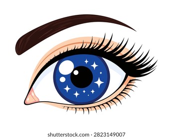 Stylized female blue eye featuring long black eyelashes, defined eyebrow and sparkling star details inside the iris. Editable EPS vector illustration for beauty, cosmetics, makeup, vision care, optometry and fashion design projects, isolated on white background.