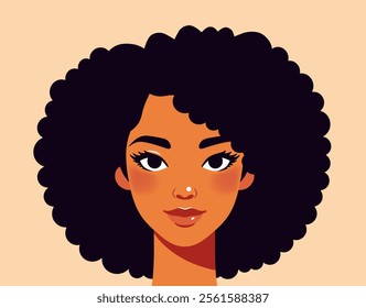 Stylized female character with black afro on peach background.