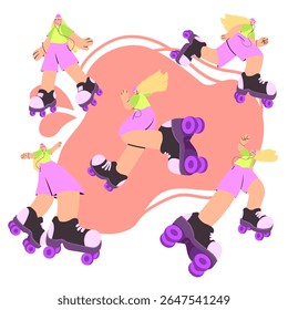 Stylized female character in various roller skating poses wearing green top purple shorts and helmet in flat colorful style on white background