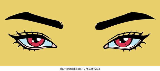 Stylized female eyes with red iris and bold eyebrows - minimal hand-drawn vector illustration