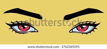 Stylized female eyes with red iris and bold eyebrows - minimal hand-drawn vector illustration
