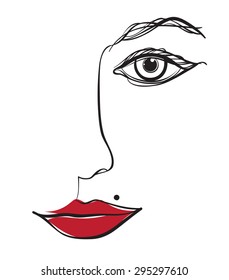 stylized female face with bright lips, line drawing, isolated object