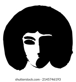 Stylized female face with haircut or wig. High contrast black and white silhouette. Face of a beautiful exotic woman. Hand drawn sketch. Logo style.