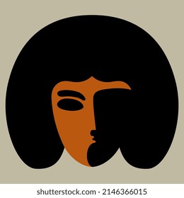 Stylized female face with haircut or wig. High contrast silhouette. Face of a beautiful exotic woman. Logo style.