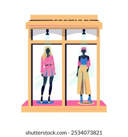 Stylized female fashion mannequins display showcase in boutique. Modern flat illustration scene. Urban fashion sketch.