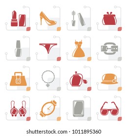 Stylized Female Fashion objects and accessories icons- vector icon set