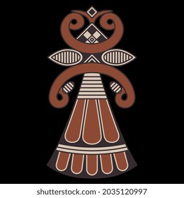 Stylized female figure. Ancient Greek goddess. Geometrical folk pottery ornament. Pagan symbol. On black background.