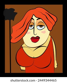 A stylized female figure with exaggerated features wears a bright red clothing. The background is divided into brown and black sections with a simple, abstract black flower shape in the corner.