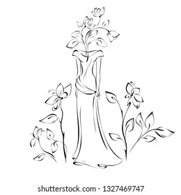 stylized female figure in long dress among flowers in black lines on white background