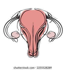 Stylized Female hostile uterus made of black lines and with pink spots on a white background. Woman's aggressive reproductive organ. Uterus with an unfavorable internal environment. tattoo style