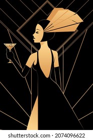 Stylized Female Portrait In Art Deco Style In Black And Gold Colours