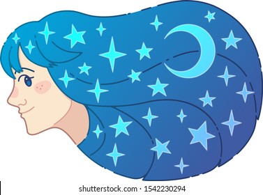 Stylized female portrait of a girl with stars and a moon in her long blue hair. A personification of a night sky. Dynamical shape. Vector illustration.