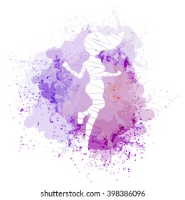 The stylized female pose is made by polygons. A vector illustration with a colorful background from blots.