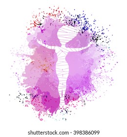 The stylized female pose is made by polygons. A vector illustration with a colorful background from blots.