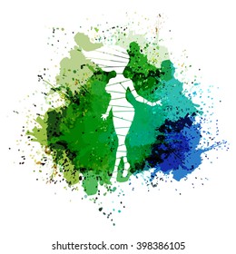 The stylized female pose is made by polygons. A vector illustration with a colorful background from blots.