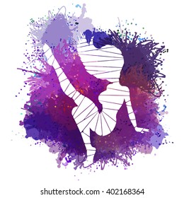 The stylized female pose is made by polygons. A vector illustration with a colorful background from blots.