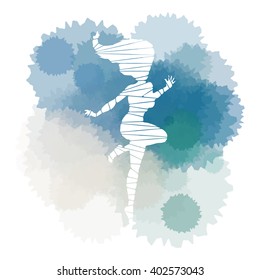 The stylized female pose is made by polygons. A vector illustration with a colorful background from blots.