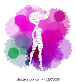 The stylized female pose is made by polygons. A vector illustration with a colorful background from blots.