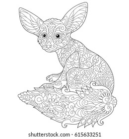 Stylized fennec fox, isolated on white background. Freehand sketch for adult anti stress coloring book page with doodle and zentangle elements.