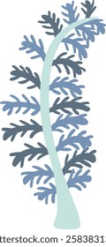 Stylized fern frond in shades of blue and teal curves elegantly against a white background, its delicate leaflets creating a captivating natural design