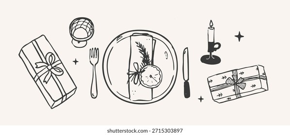 Stilisierte festliche Weihnachtsobjekte Doodle-Set. Niedliche Feiertagssymbole der Geschenk-, Kerzen- und Tischeinstellungs-Kollektion. Umriss handgezeichnete Vektorgrafik