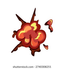 Stylized fiery explosion effect, orange red smoke cloud with flying debris and energy burst, flat comicgame art on white background, bold, dynamic, high impact visual