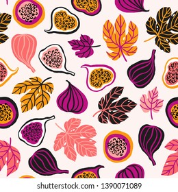 Stylized figs and leaves. Slices in a cut. Food seamless pattern. Stylish abstract fabric design.