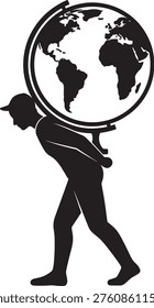 Stylized figure bears terrestrial sphere's weight conveying global responsibility. Ideal for corporate presentations travel marketing.