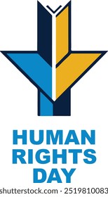 A stylized figure with a book for the body and arms raised, forming a star. Text below reads “HUMAN RIGHTS DAY.” Celebrating the universal rights and freedoms of all individuals.