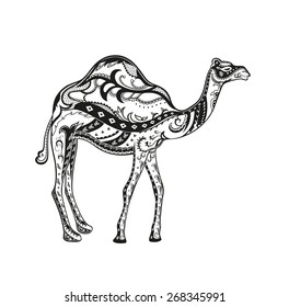 The stylized figure of an camel in the festive patterns