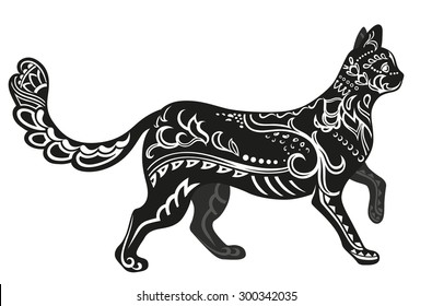 The stylized figure of a cat in festive patterns