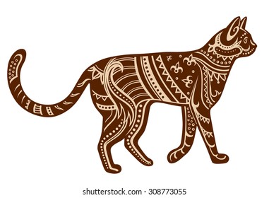 The stylized figure of a cat in festive patterns