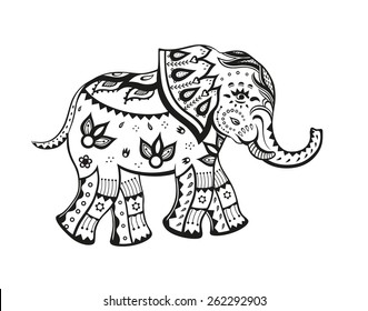 The stylized figure of an elephant in the festive patterns