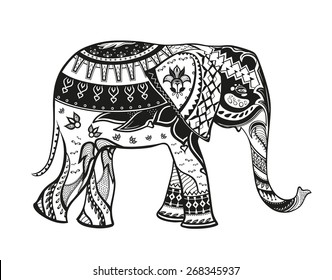 The stylized figure of an elephant in the festive patterns