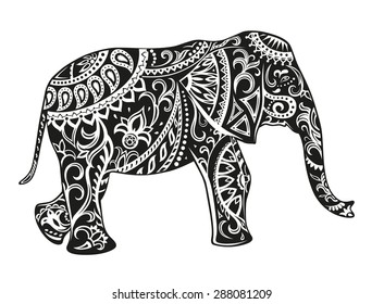 The stylized figure of an elephant in the festive patterns