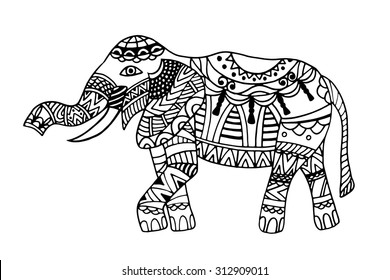 The stylized figure of an elephant in the festive patterns