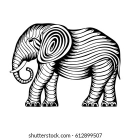 The stylized figure of an elephant.
Hand drawn elephant illustration.
Engraving style.
