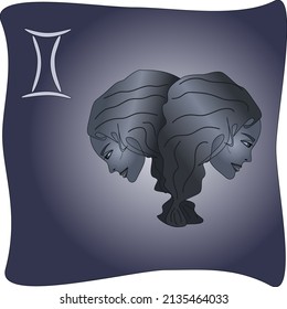Stylized figure of Gemini and symbol of the zodiac sign Gemini on a blue and white gradient background