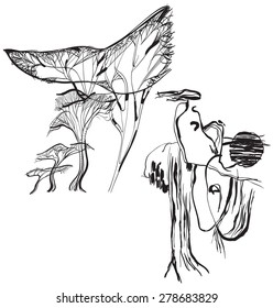 Stylized figure with hair in the wind (trees in the background). An hand drawn vector illustration from the series: Art of Line Art. Technique: Digital drawing.