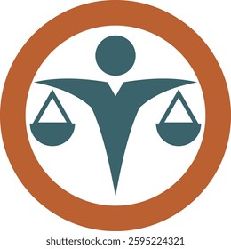 Stylized figure holding scales in circle, symbol of law and judgment, conveying justice and legal representation in simple design. Not AI Generated