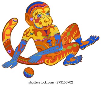 The stylized figure of an monkey in the festive colorful patterns