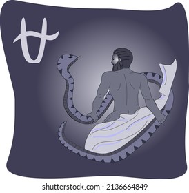 Figura estilizada de Ophiuchus y símbolo del signo zodiaco Ophiuchus sobre un fondo degradado azul y blanco