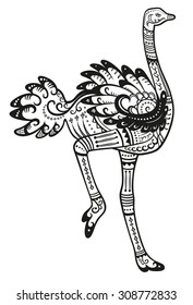 The stylized figure of an ostrich in the festive patterns