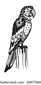 The stylized figure of an parrot in the festive patterns
