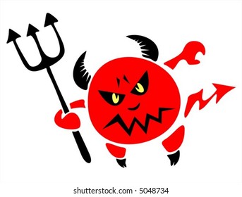 The stylized figure of a red spiteful devil with a trident on a white background.