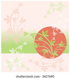The stylized figure of the red sun covered by branches of green and white color on a pink background. It can be used as a background or a part of a composition