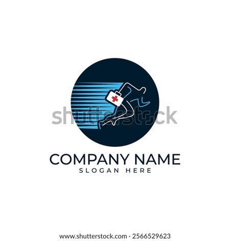 Stylized figure running with a medical bag, set against a dynamic background, symbolizing speed and urgency. Ideal for emergency services, healthcare, and sports medicine.